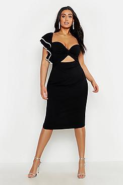 Boohoo Plus Ruffle One Shoulder Twist Detail Midi Dress