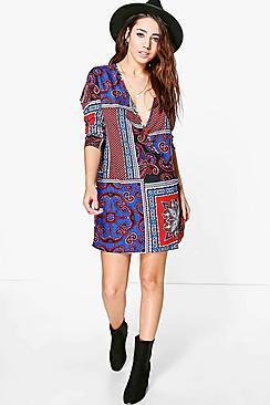 Boohoo Leia Scarf Print Wrap Shirt Dress