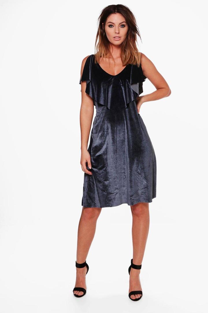 Boohoo Ria Velvet Frill Dress Grey