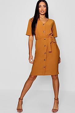 Boohoo Tie Waist Horn Button Midi Dress