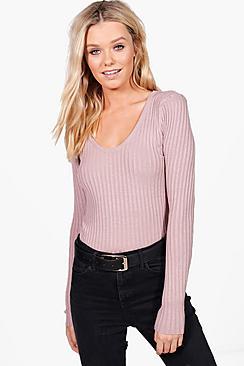 Boohoo Julia Fine Ribbed V-neck Jumper