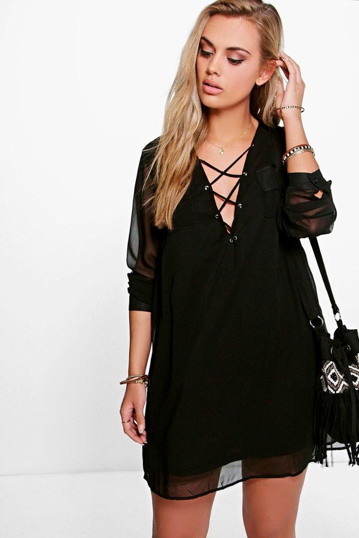 Boohoo Plus Maya Lace Up Utility Dress Black