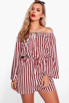 Boohoo Plus Katie Striped Off The Shoulder Playsuit Berry