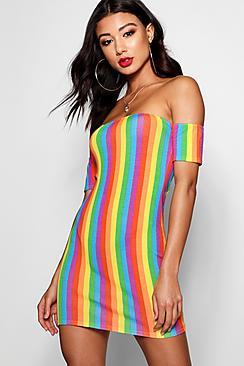 Boohoo Lara Rainbow Off The Shoulder Bodycon Dress