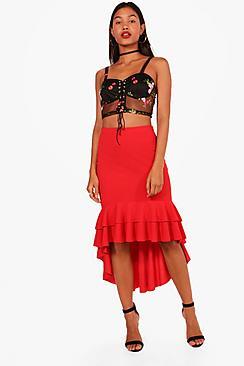 Boohoo Erin Ruffle Hem Crepe Midi Skirt