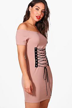 Boohoo Grace Off Shoulder Bandeau Corset Bodycon Dress