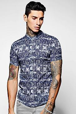 Boohoo Short Sleeve Abstract Print Grandad Collar Shirt