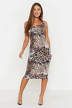 Boohoo Petite Animal Print One Shoulder Midi Dress