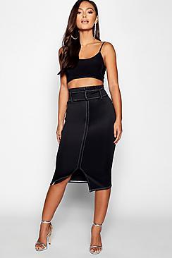 Boohoo Petite Stitch Belted Scuba Midi Skirt