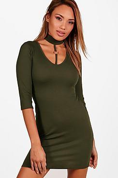 Boohoo Joanna Plunge Eyelet Choker Strapped Bodycon Dress