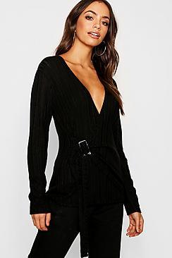 Boohoo Rib Knit Wrap Buckle Top