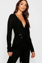 Boohoo Rib Knit Wrap Buckle Top