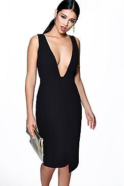 Boohoo Mya Plunge Neck Asymmetric Midi Dress