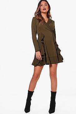 Boohoo Ruffle Front Collared Shirt Dress