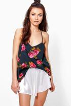 Boohoo Libby Rose Print Woven Strappy Back Cami Black