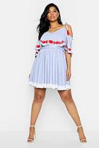 Boohoo Plus Cold Shoulder Embroidered Pom Pom Smock Dress