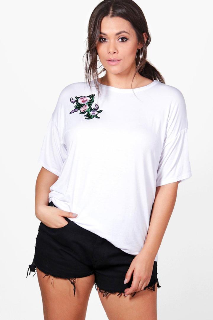 Boohoo Plus Jemima Floral Applique Basic Tee White