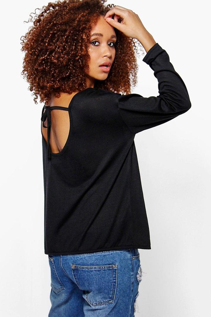 Boohoo Sophia Oversized Tie Back Long Sleeve Tee Black