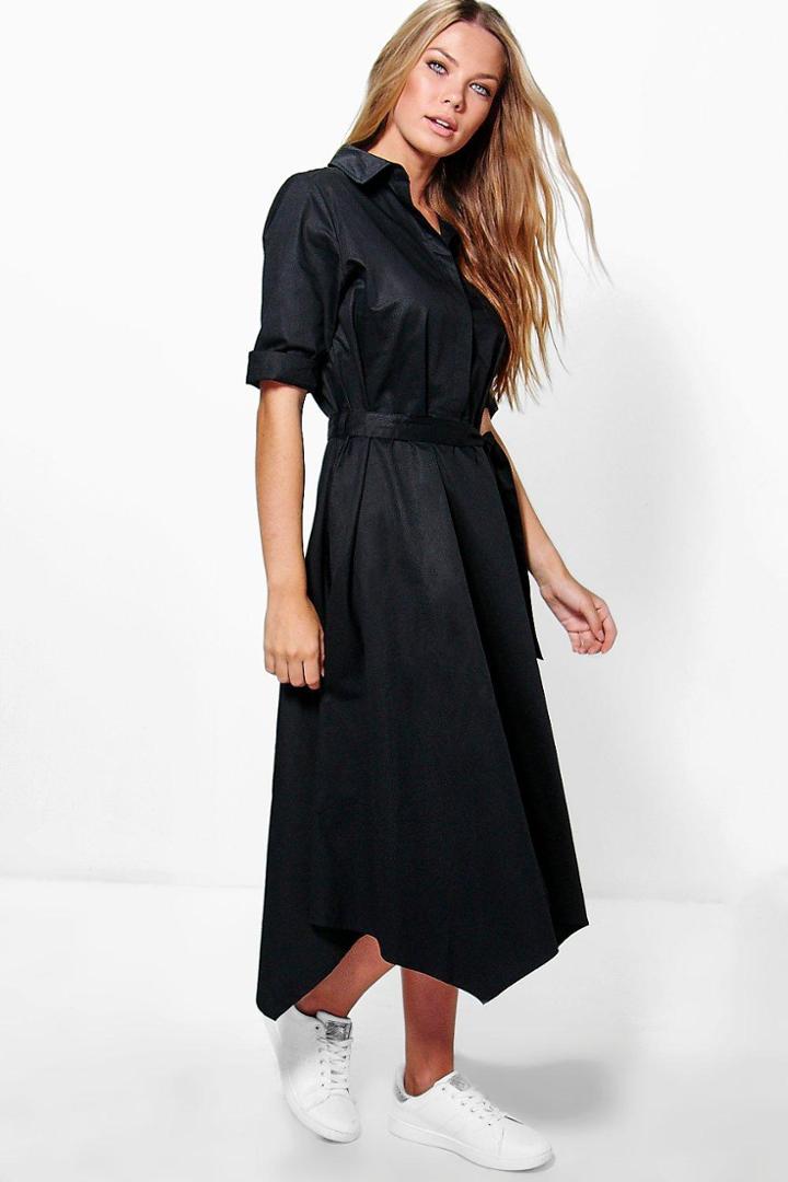 Boohoo Greta Asymmetric Hem Belted Shirt Dress Black