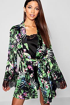 Boohoo Oriental Palm Lace & Satin Gown