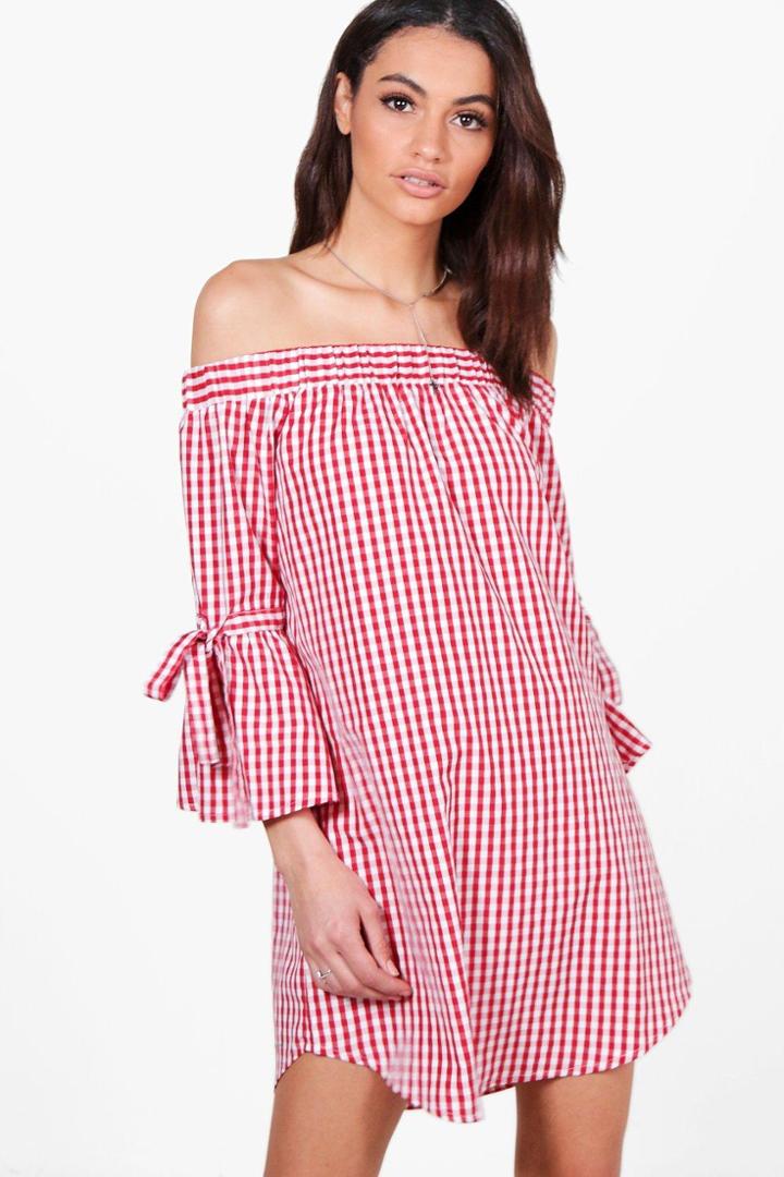 Boohoo Charlotte Off The Shoulder Gingham Dress Red