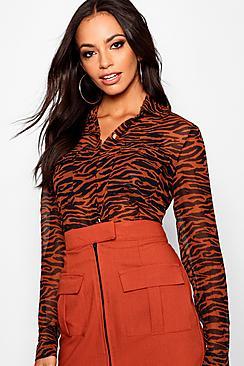 Boohoo Tiger Print Sheer Shirt
