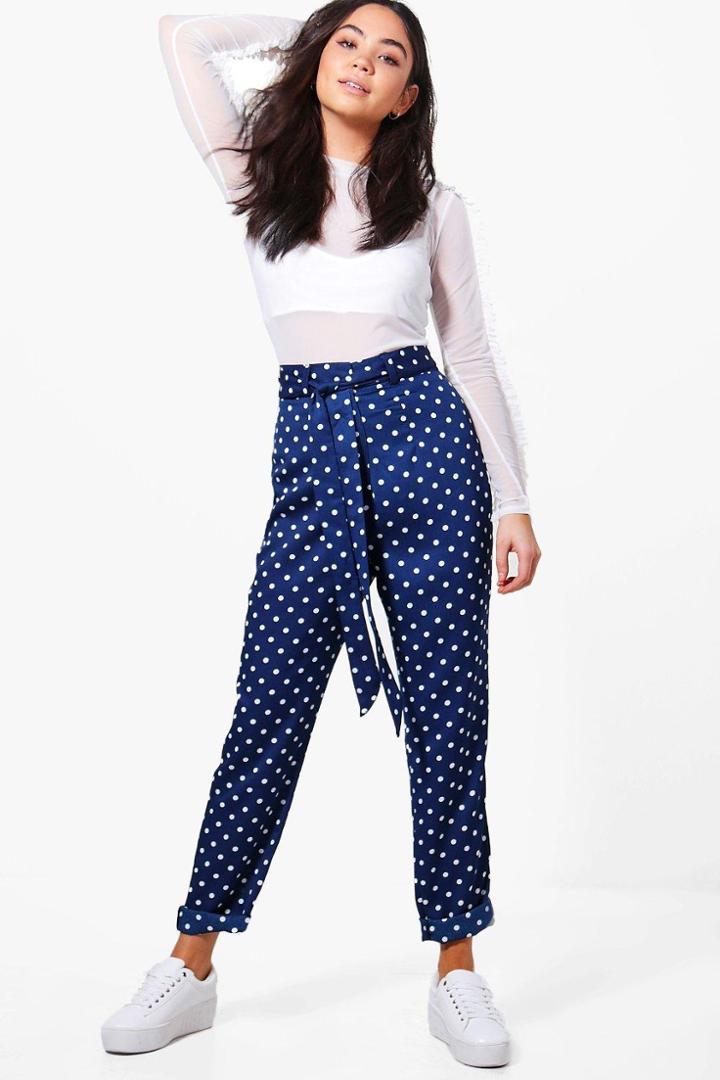 Boohoo Carmen Tie Waist Slim Line Woven Trouser Navy