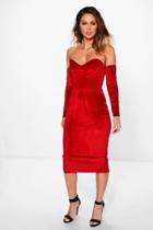 Boohoo Lara Velvet Bandeau Sleeve Midi Dress Red