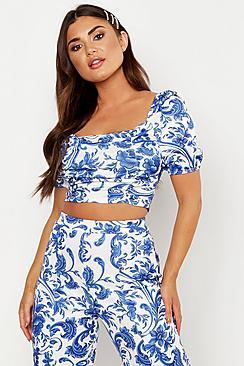 Boohoo Porcelain Print Puff Sleeve Crop