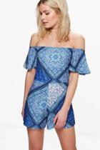 Boohoo Jen Tile Print Off Shoulder Playsuit Blue