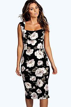 Boohoo Floral Sweetheart Midi Dress