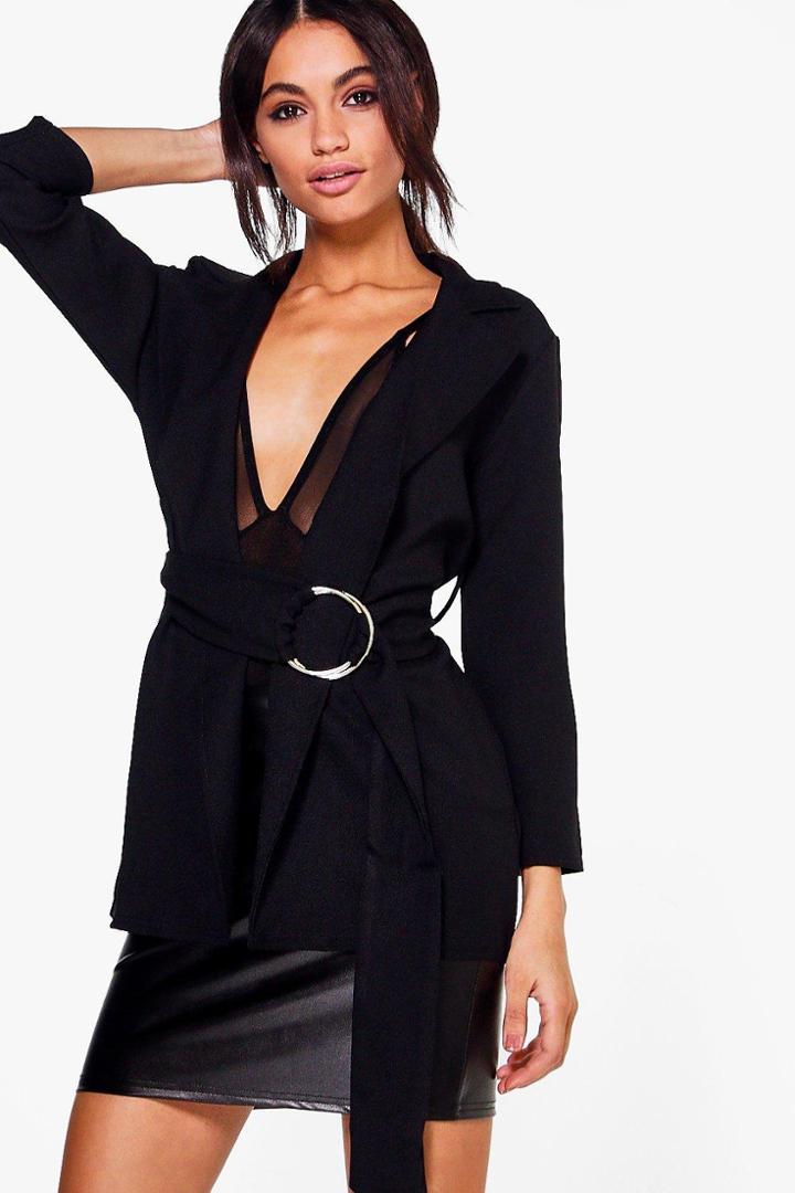 Boohoo Tall Elba Woven Buckle Blazer Jacket Black