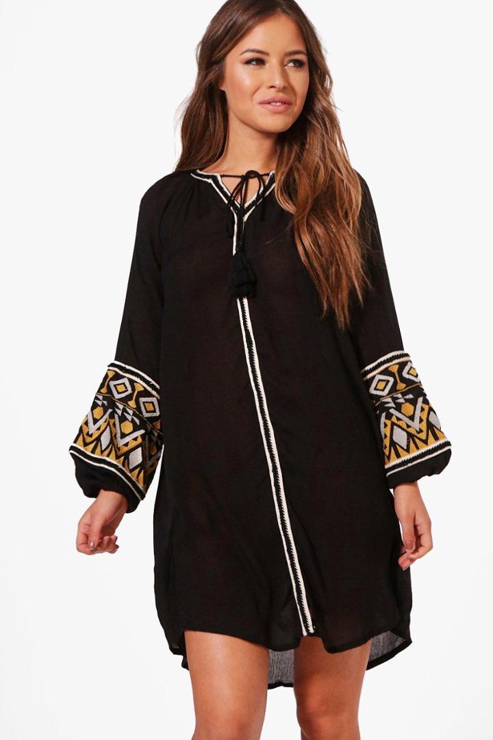 Boohoo Petite Jess Boutique Embroidered Smock Dress Black