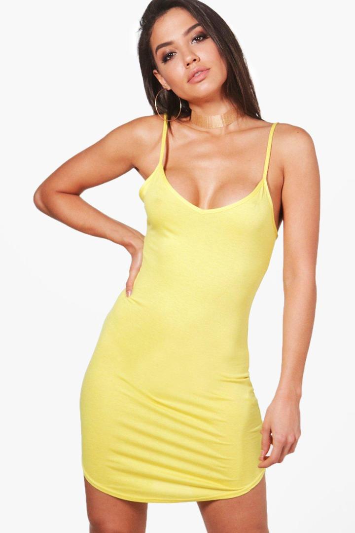 Boohoo Alice Strappy Curved Hem Bodycon Dress Yellow