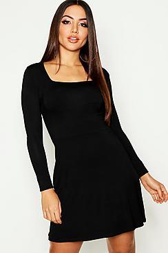 Boohoo Square Neck Long Sleeve Skater Dress