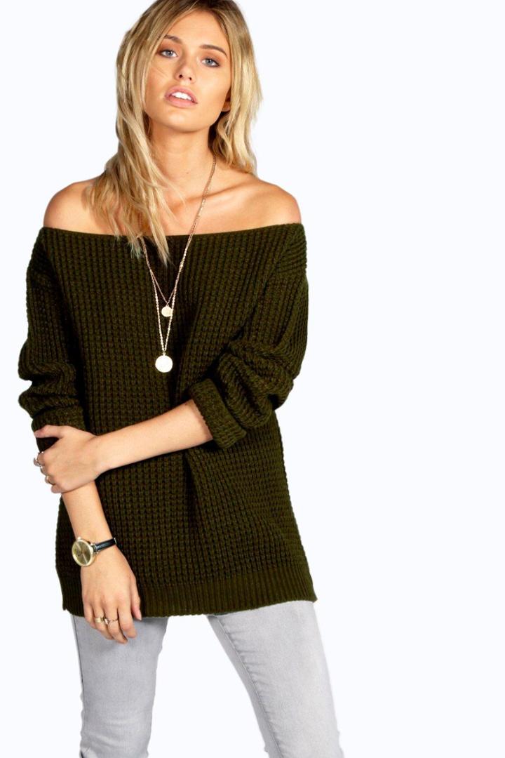 Boohoo Rose Waffle Knit Slash Neck Jumper Khaki