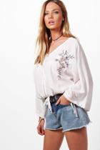 Boohoo Emilia Embroidered Zip Front Blouse White