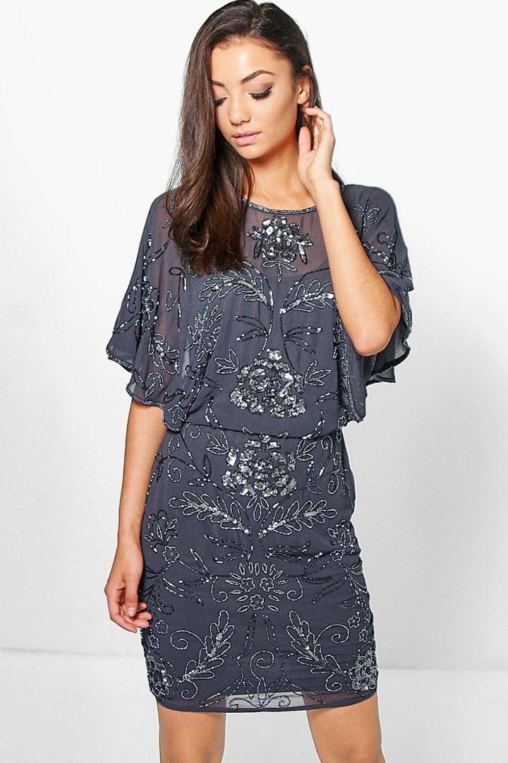 Boohoo Tall Sanneen All Over Beaded Batwing Dress Grey