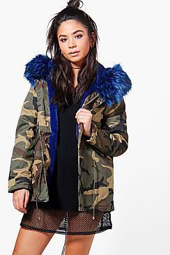 Boohoo Charlotte Short Camo Faux Fur Lined Parka