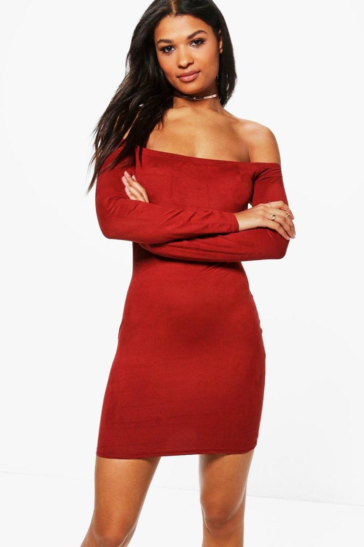 Boohoo Wendy Suedette Off Shoulder Bodycon Dress Rust