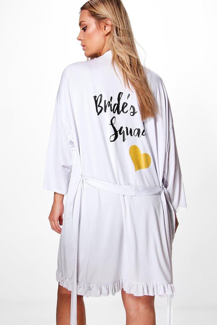 Boohoo Plus Tara Bride Squad Ruffle Hem Bridal Robe White