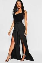 Boohoo Satin Tie Waist Split Front Wide Leg