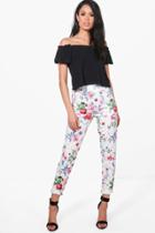 Boohoo Cleo Summer Floral Stretch Skinny Trousers Ivory
