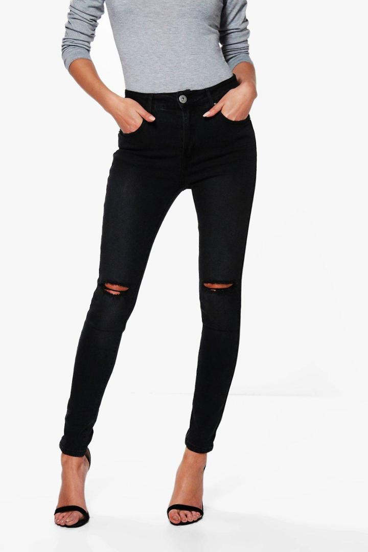 Boohoo Jessie High Rise Distressed Skinny Jeans Black
