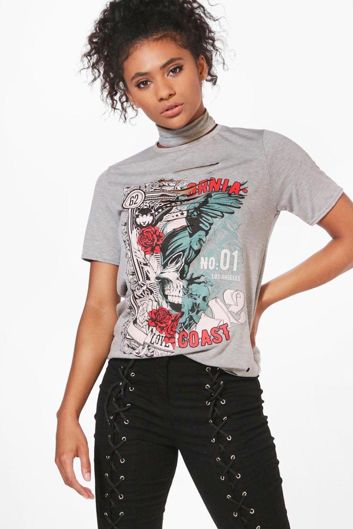 Boohoo Sarah Distressed Choker Band Tee Grey