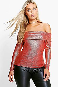 Boohoo Plus Jessie Metallic Bardot Rib Top