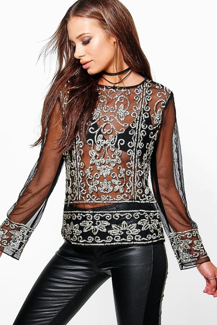 Boohoo Leah Sequin Mesh Long Sleeve Top Black