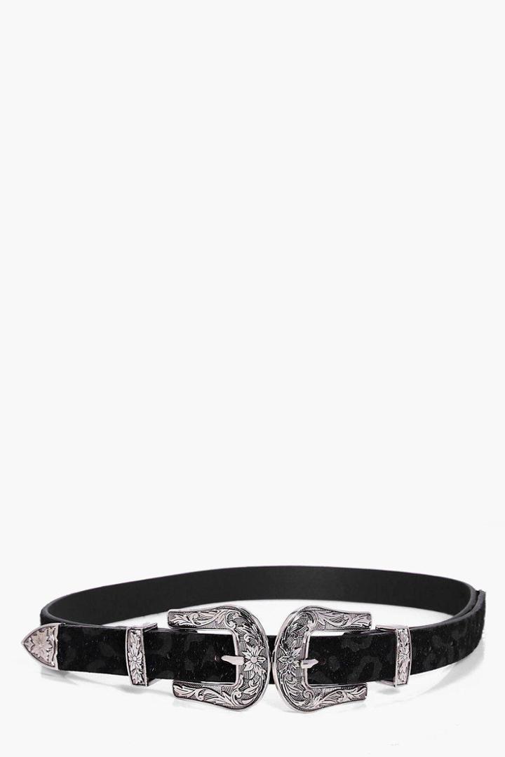 Boohoo Tilly Faux Leopard Double Buckle Western Belt Black