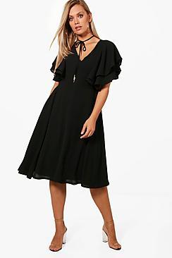 Boohoo Plus Robyn Ruffle Angel Sleeve Tie Skater Dress
