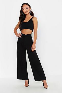 Boohoo Petite Self Fabric Belt Wide Leg Trouser